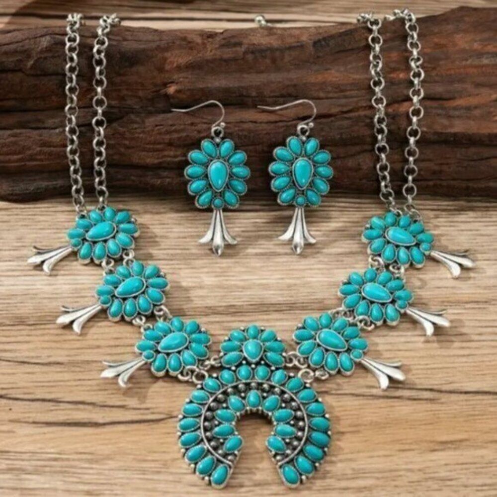 Horseshoe-shaped  Alloy Squash Blossom Turquoise Necklace And Earrings
